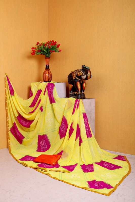 Printed, Self Design, Paisley Bandhani Georgette Saree  (Yellow)