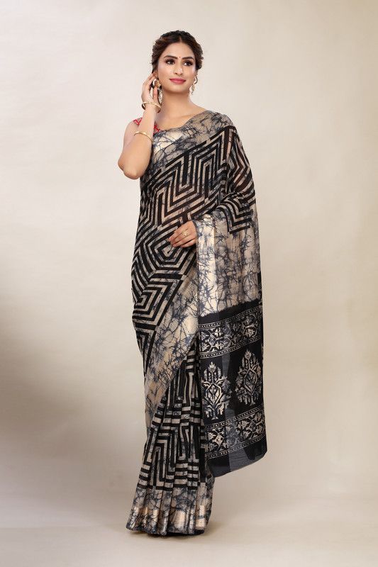 Woven Bollywood Cotton Linen Saree  (Black)