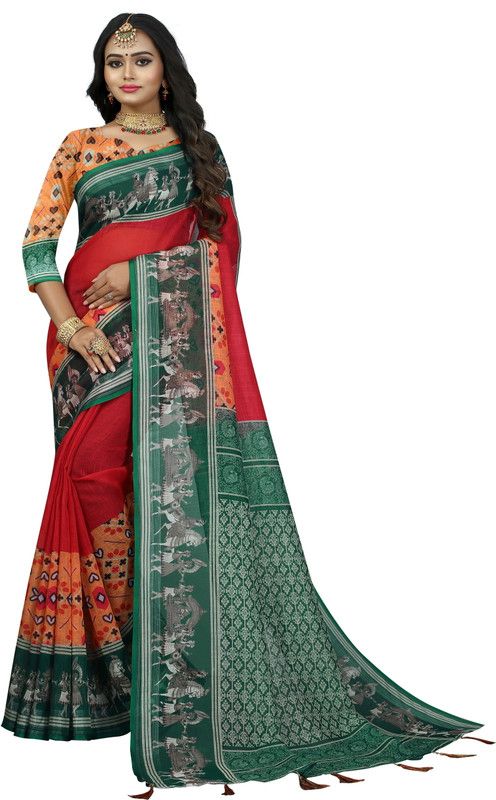 Printed Daily Wear Linen Saree  (Red)