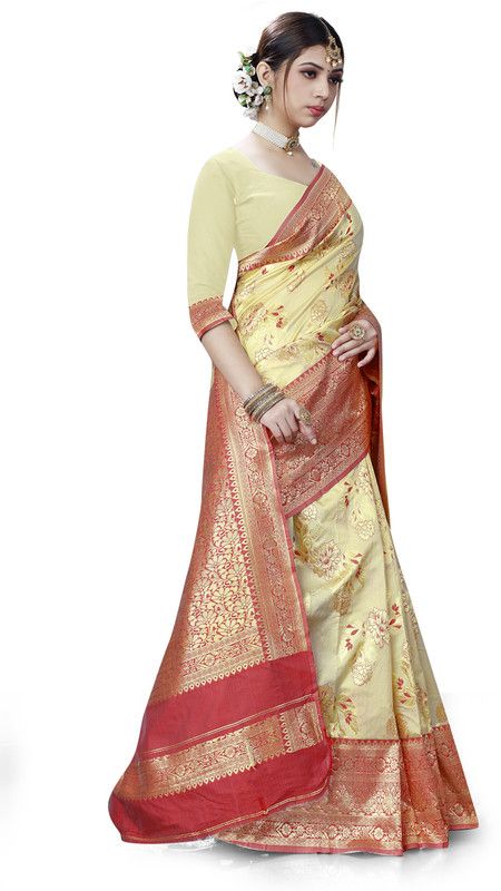 Woven Banarasi Jacquard Saree  (Red, Beige)
