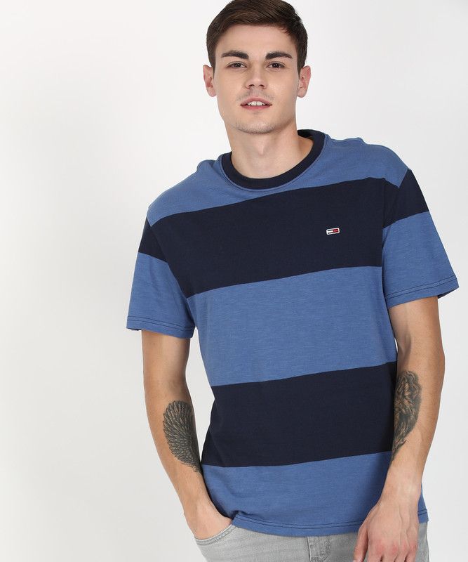 TJM BOLD STRIPE TEE Men Striped Round Neck Pure Cotton Dark Blue, Blue T-Shirt