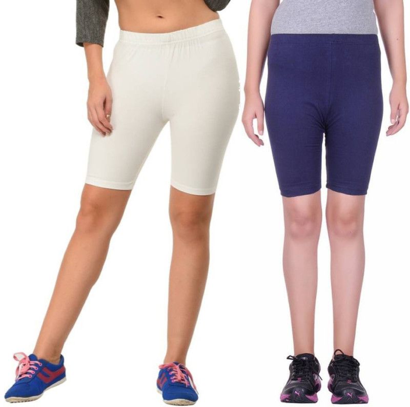 Pack of 2 Solid Women Reversible White, Blue Cycling Shorts