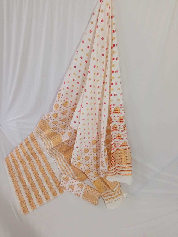 Assam Silk Cotton Blend Saree  (White, Beige)