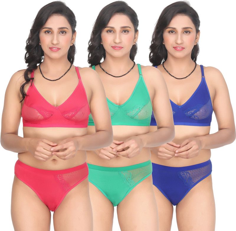 Bra & Panty Set Solid Red, Green, Blue Lingerie Set