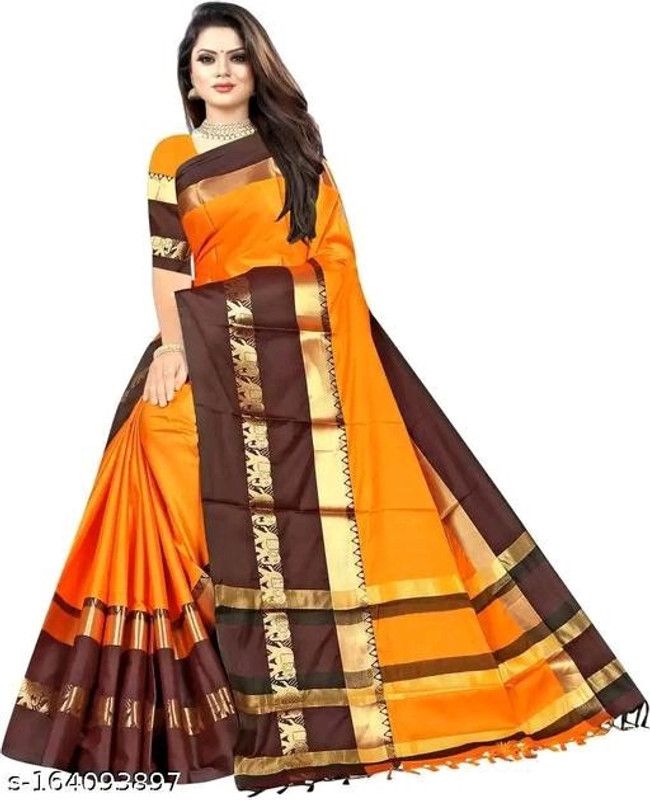 Thanjavur Cotton Silk Saree  (Orange, Brown)