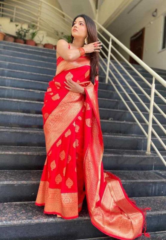 Woven Banarasi Muslin Saree  (Red)