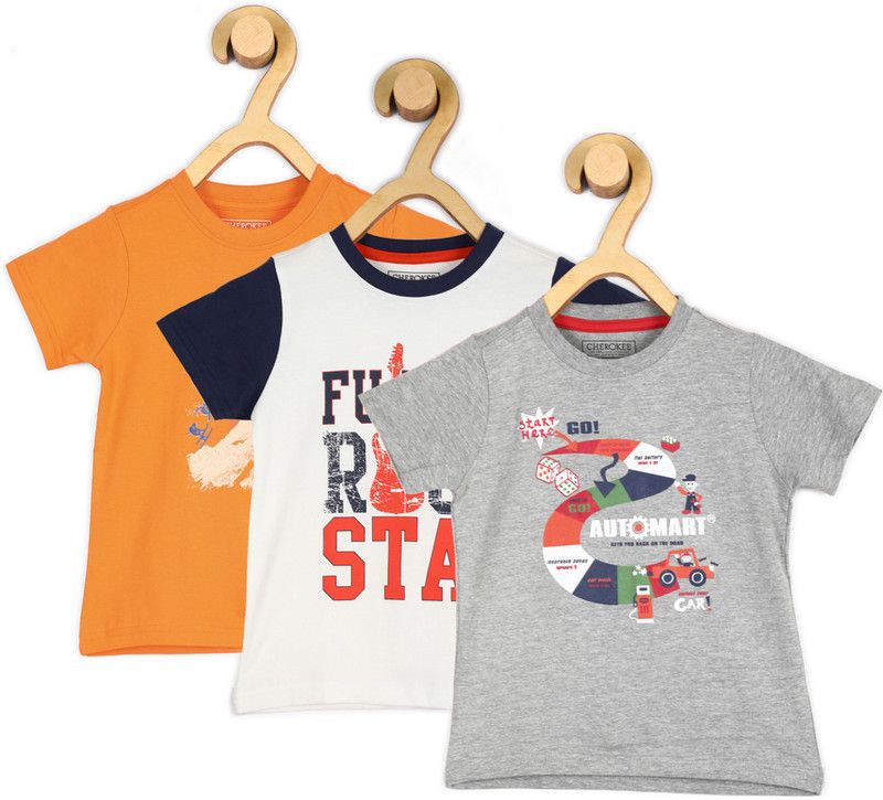 Boys Printed Pure Cotton T Shirt  (Multicolor, Pack of 3)