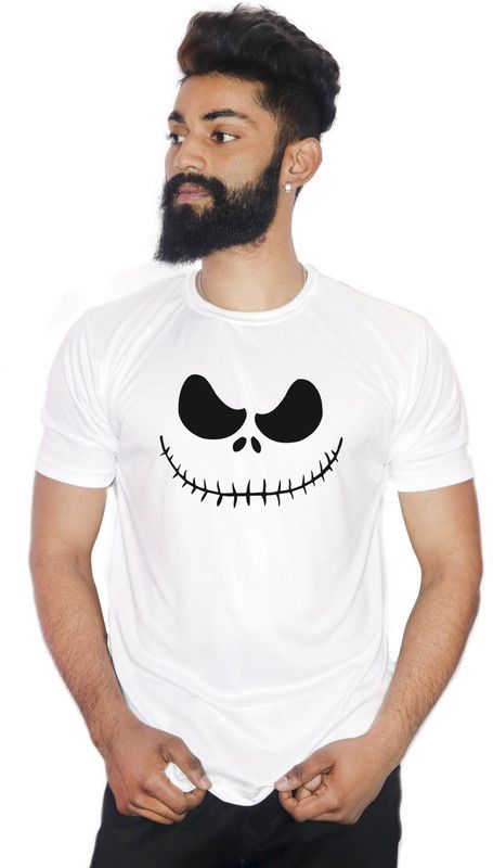 Skellington Smile Men Printed Round Neck Polyester White T-Shirt