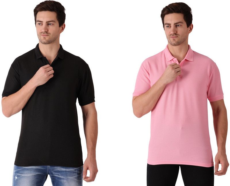Pack of 2 Men Solid Polo Neck Cotton Blend Black, Pink T-Shirt