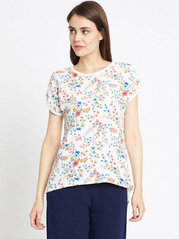 Casual Cap Sleeves Floral Print Women White Top