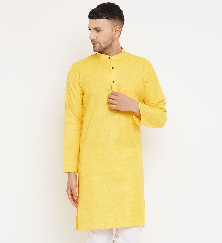 Men Self Design Khadi Cotton Straight Kurta  (Yellow)
