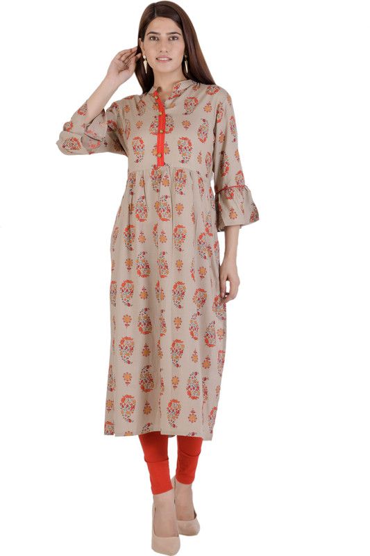 Women Floral Print Viscose Rayon Frontslit Kurta  (Brown)