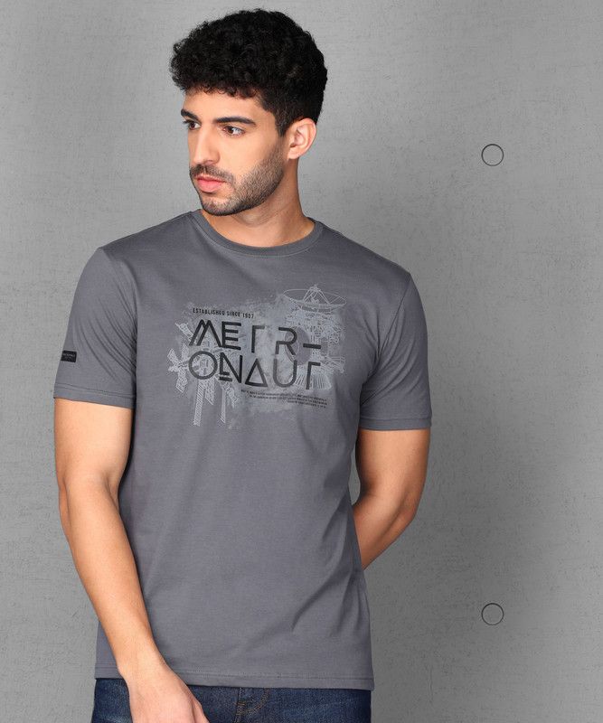 Printed Men Round Neck Pure Cotton Grey T-Shirt