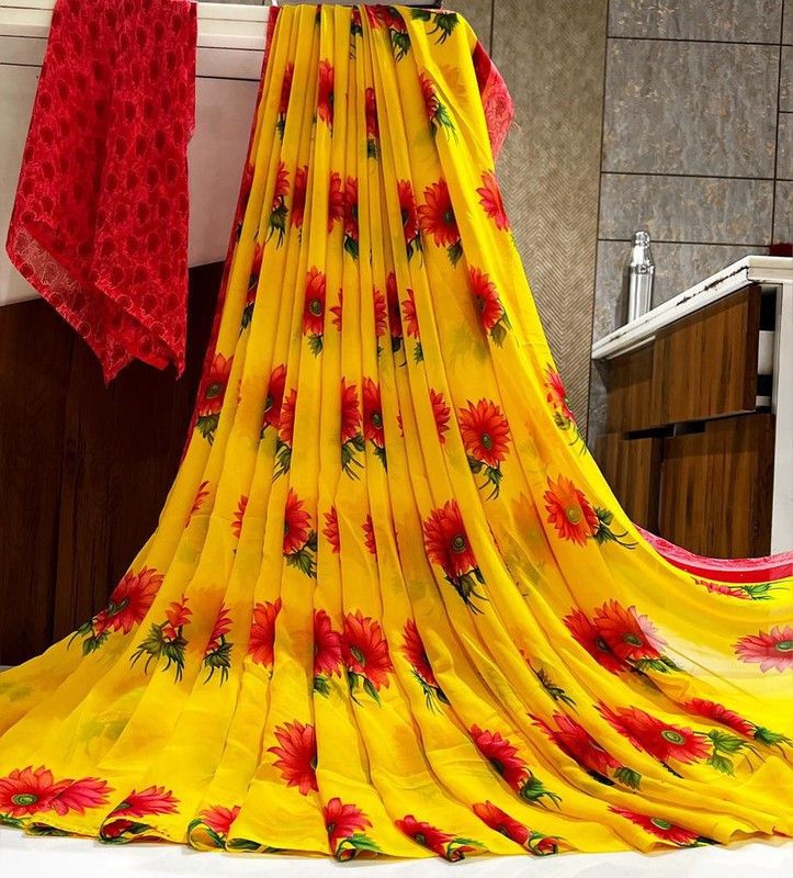 Bollywood Georgette Saree  (Red, Yellow)