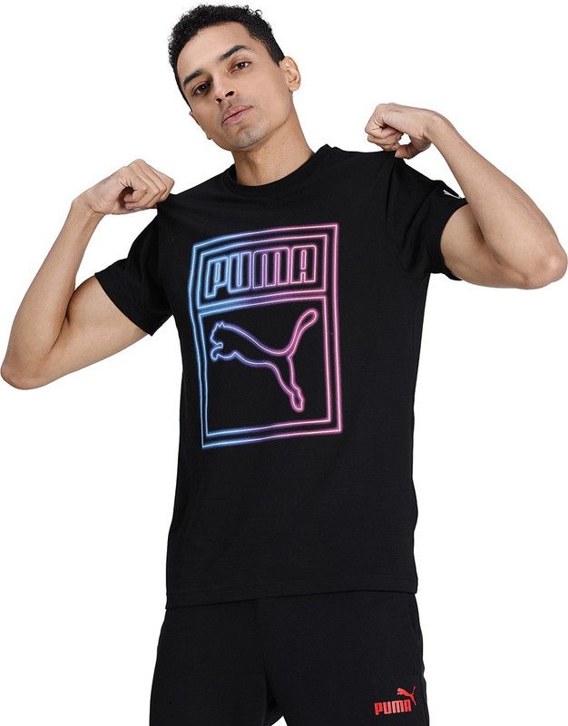 Neon Graphic Tee Men Graphic Print Round Neck Cotton Blend Black T-Shirt