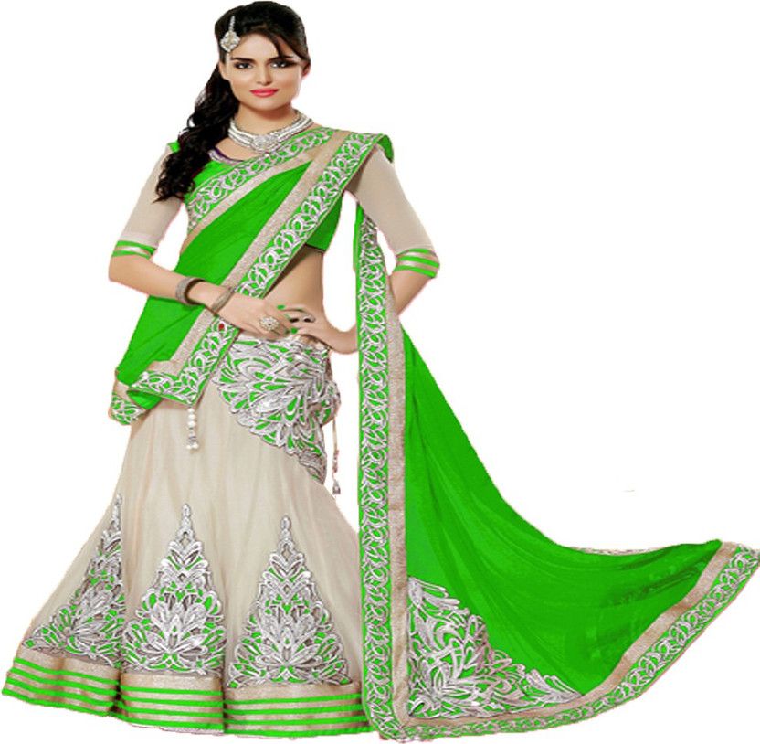 Self Design Bollywood Handloom Cotton Blend, Chiffon Saree  (Green, White)