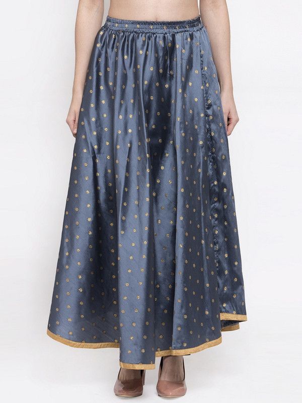 Women Polka Print Flared Grey Skirt