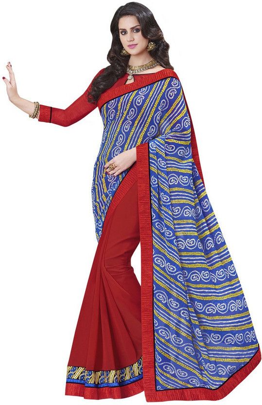 Embroidered Bollywood Georgette Saree  (Red, Blue)