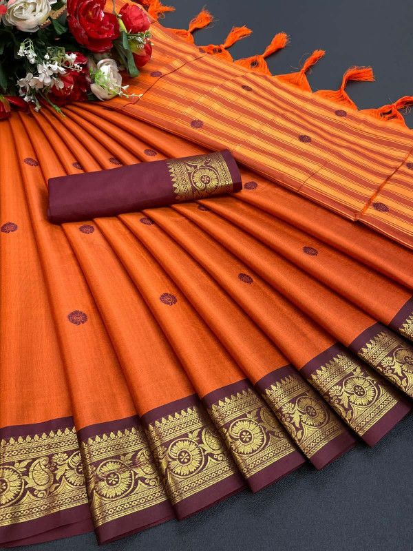 Self Design Assam Silk Pure Cotton Saree  (Orange)