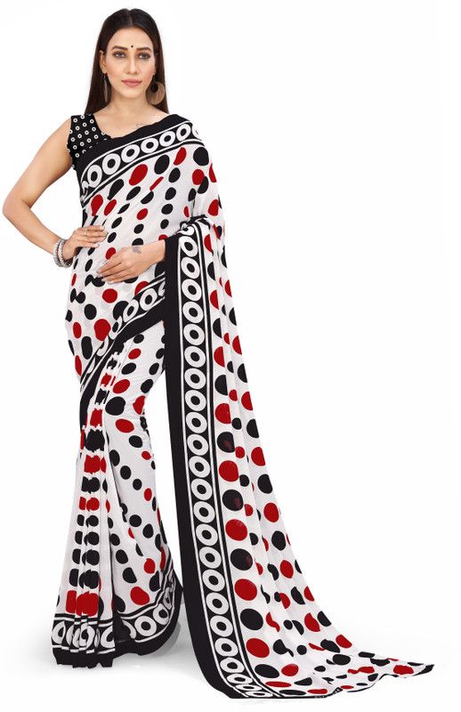 Geometric Print Bollywood Georgette Saree  (White, Black)