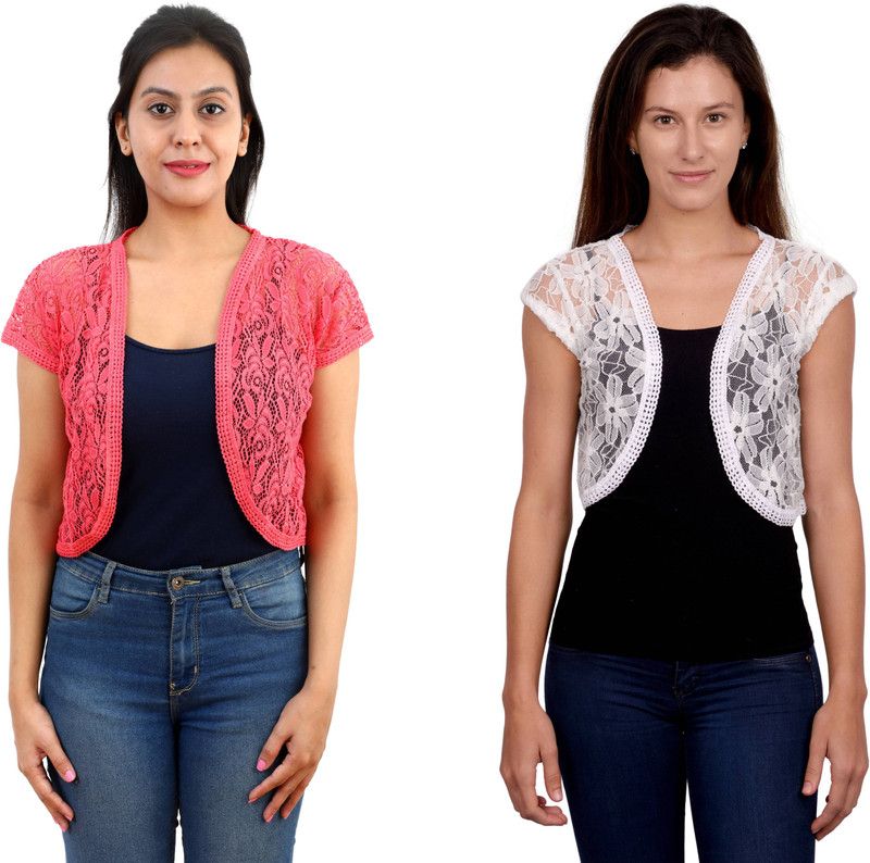 Women Short Sleeve White, Pink Shrug