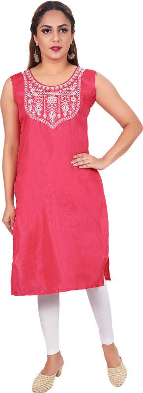 Women Embroidered Silk Blend Straight Kurta  (Red)