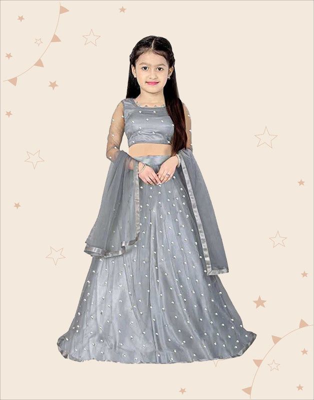Girls Lehenga Choli Ethnic Wear Embellished Lehenga, Choli and Dupatta Set  (Grey, Pack of 1)