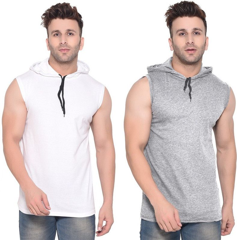 Pack of 2 Faizaan Men Solid Hooded Neck Cotton Blend Silver, White T-Shirt
