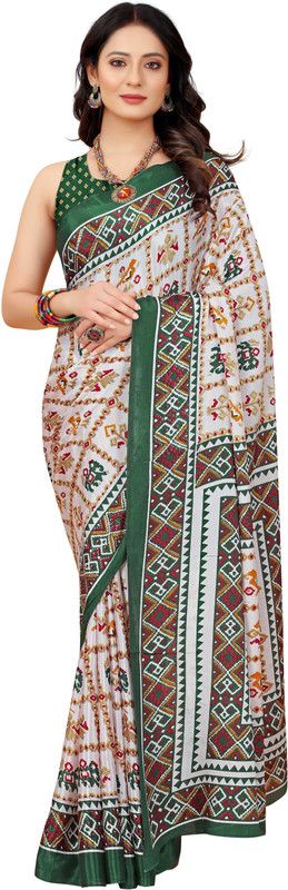 Printed Patola Silk Blend Saree  (Dark Green)