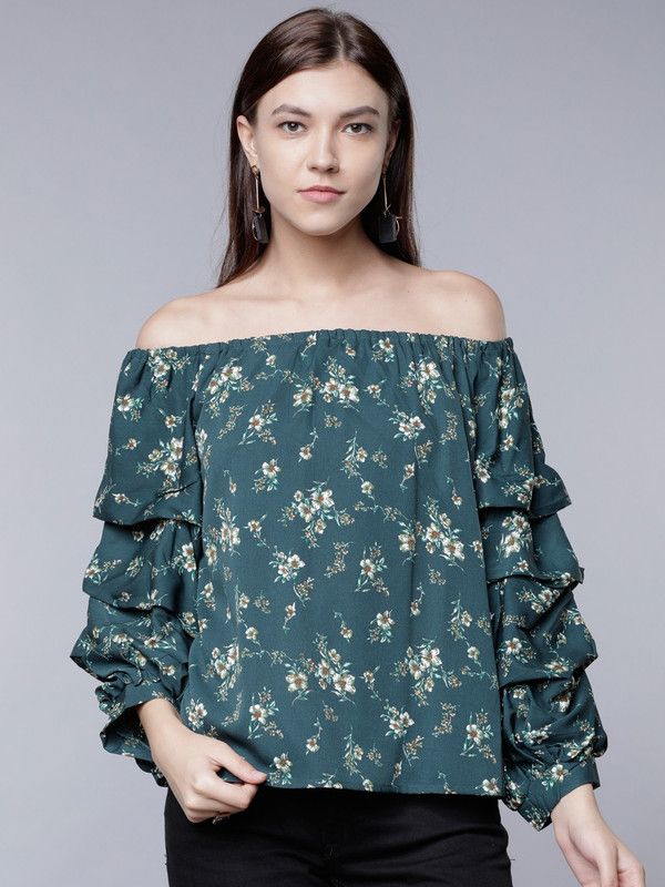 Casual Layered Floral Print Women Green Top