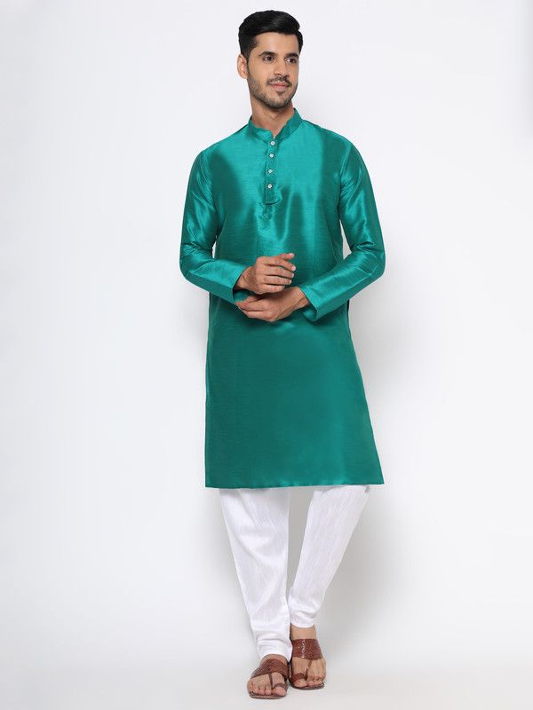 Men Solid Cotton Silk Straight Kurta  (Green)
