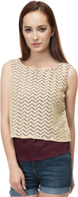 Casual Sleeveless Chevron/Zig Zag Women Beige Top