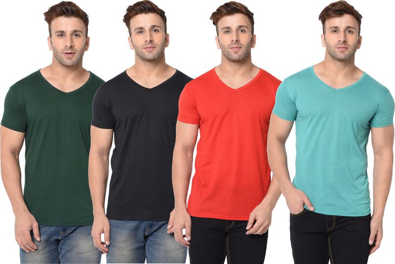 Pack of 4 4 V Neck T-Shirt Combo Pack Men Solid V Neck Cotton Blend Multicolor T-Shirt