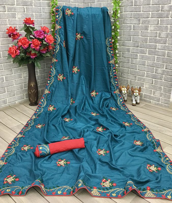 Embroidered Fashion Silk Blend Saree  (Light Blue)