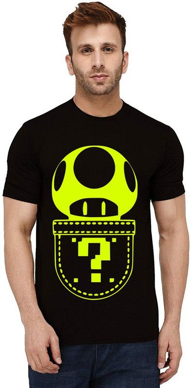 Mushroom Game Men Graphic Print Round Neck Pure Cotton Black T-Shirt