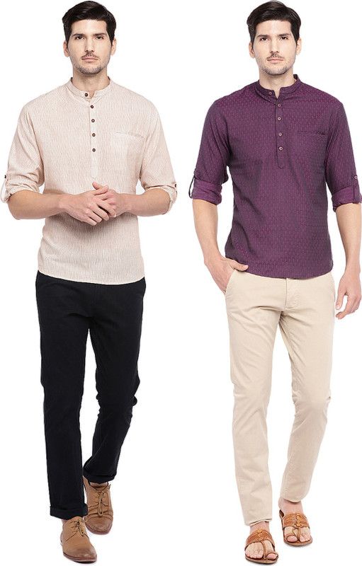Pack of 2 Men Solid Jacquard, Pure Cotton Straight Kurta  (Red, White, Beige)