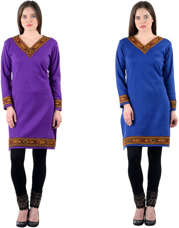 Pack of 2 Women Solid Acrylic Blend Straight Kurta  (Purple, Blue)