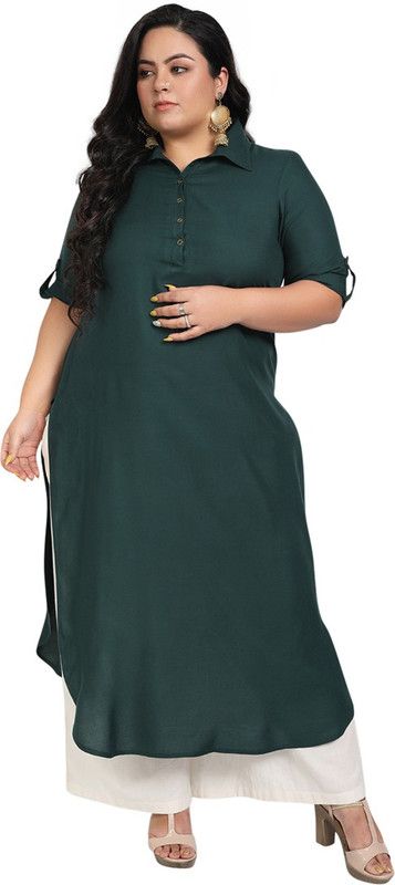 Women Solid Cotton Rayon Straight Kurta  (Dark Green)