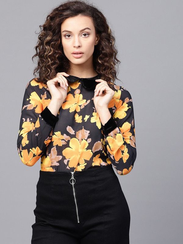 Casual Cuffed Sleeves Floral Print Women Black, Yellow Top