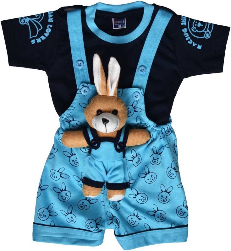 Dungaree For Baby Boys & Baby Girls Printed Cotton Blend  (Blue, Pack of 1)