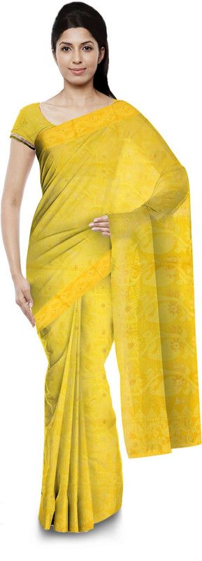 Hand Painted Handloom Pure Cotton Saree  (Yellow)