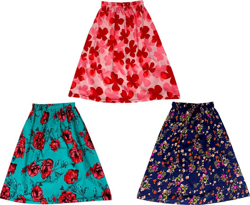 Girls Floral Print A-line Dark Blue, Pink, Green Skirt
