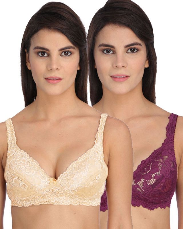 Pack of 2 Women Bralette Non Padded Bra  (Beige, Purple)