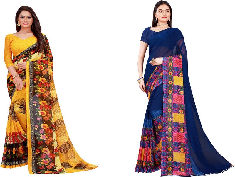 Daily Wear Georgette Saree  (Pack of 2, Yellow, Dark Blue)
