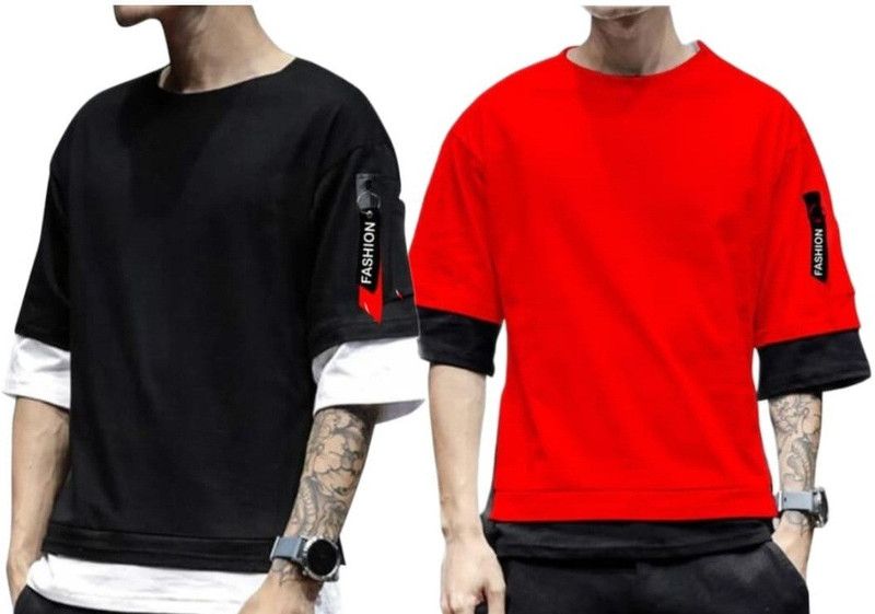 Pack of 2 Men Colorblock Round Neck Cotton Blend Black T-Shirt