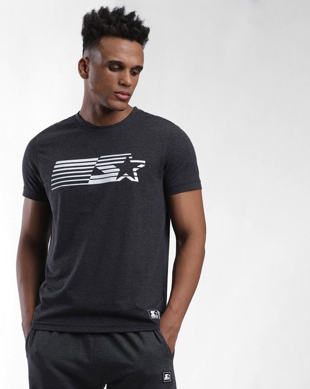 410330196-Anthra Melange Men Printed Round Neck Cotton Blend Grey T-Shirt
