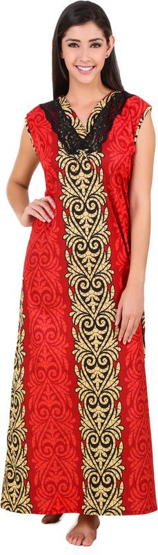Women Nighty  (Maroon, Beige)
