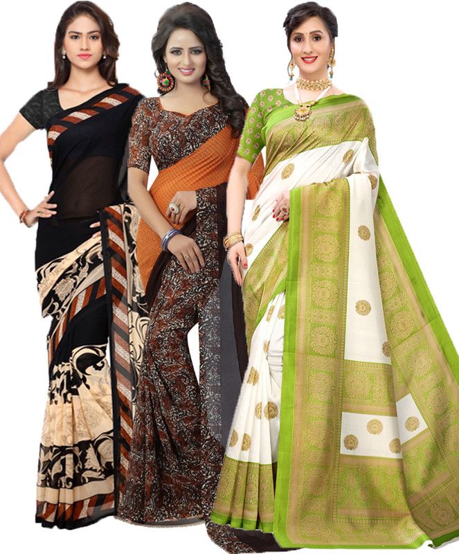 Geometric Print Bollywood Georgette Saree  (Pack of 3, Black, Orange, Green)