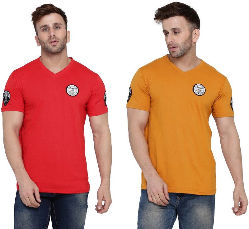 Pack of 2 Men Solid V Neck Cotton Blend Red, Gold T-Shirt