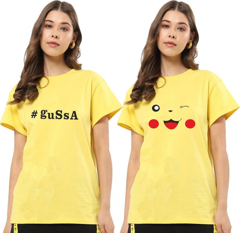 Printed Women Yellow, Yellow T-Shirt  (Pack of 2)